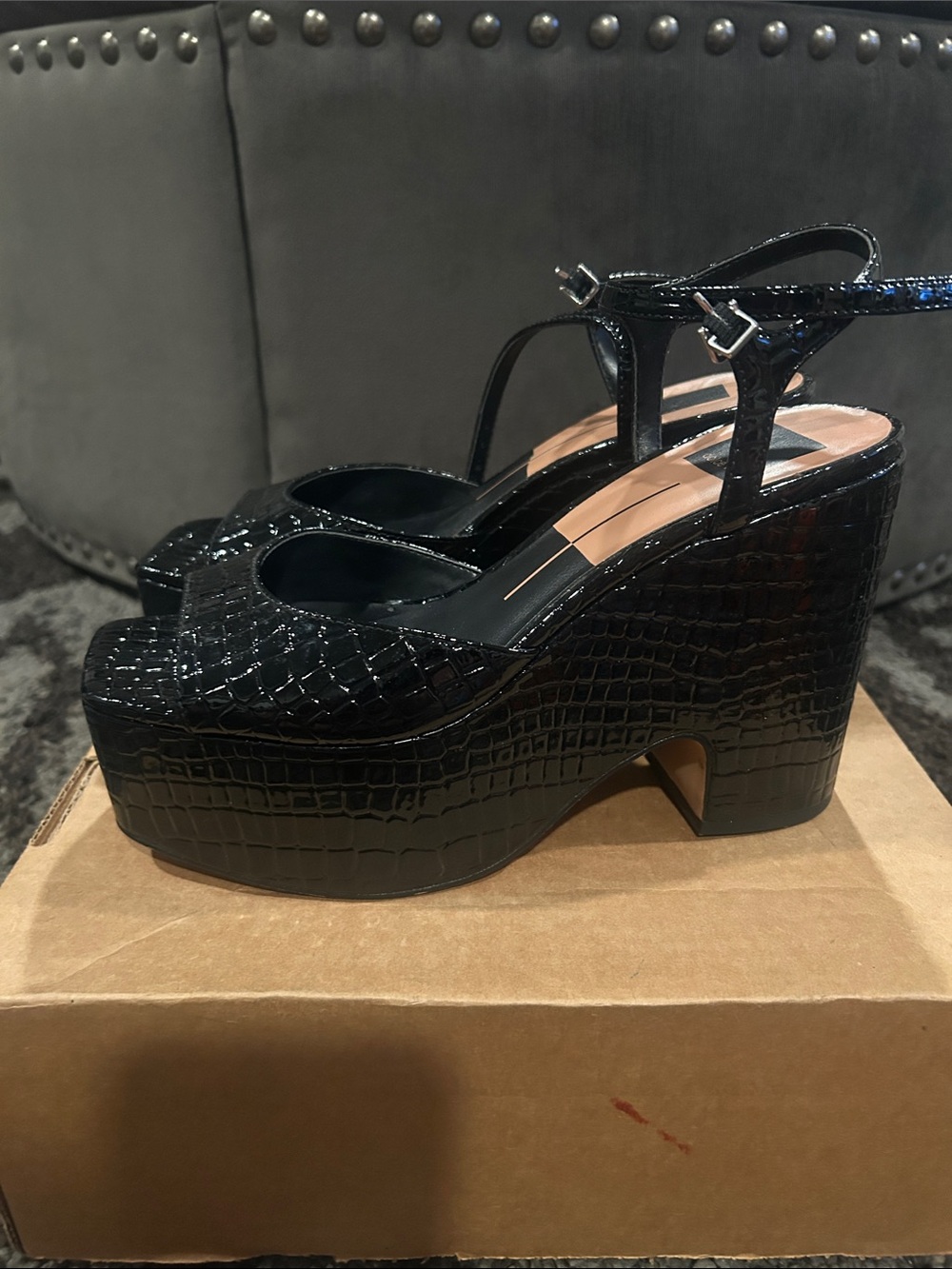 Dolce Vita Black Croc-Embossed Platform Slingbacks - Picture 6 of 7